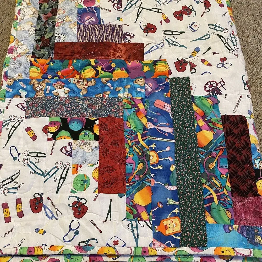 Vintage Handmade Patchwork Quilt Throw Blanket 64”x40” Doctor Nurse Patient